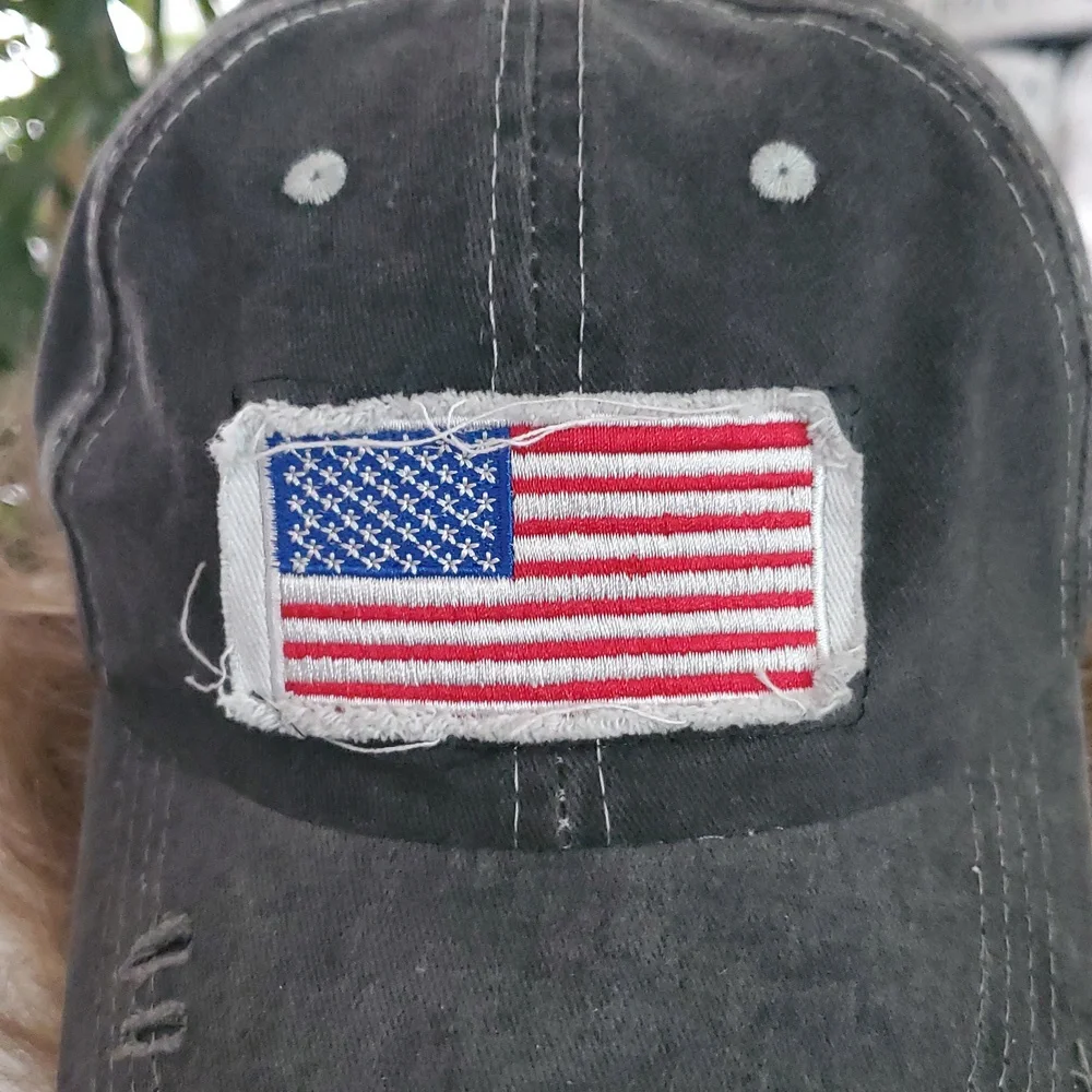 New Ametican Flag Gray Distressed Hat Ball Cap.